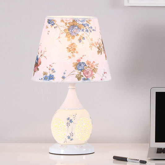 Rynx | Chinese Minimalist Ceramic Floral Fabric Cone 1-Light Table Lamp