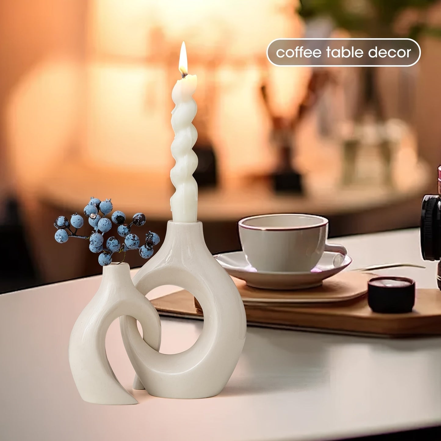 Rynx | 2-Piece Set Ceramic Candle Holders - Matte Finish, Modern Minimalist Design for Table Decoration