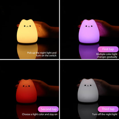 Rynx | Mini Kawaii Popular Cat Baby Night Light 7-Colors Pat Touch Color Changing Eye Protection Bedroom Nightstand Lamp Gift Kids
