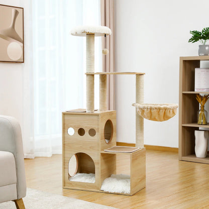 Rynx | Wooden Cat Tree with Sisal Scratching Posts, Cozy Condo & Hammock
