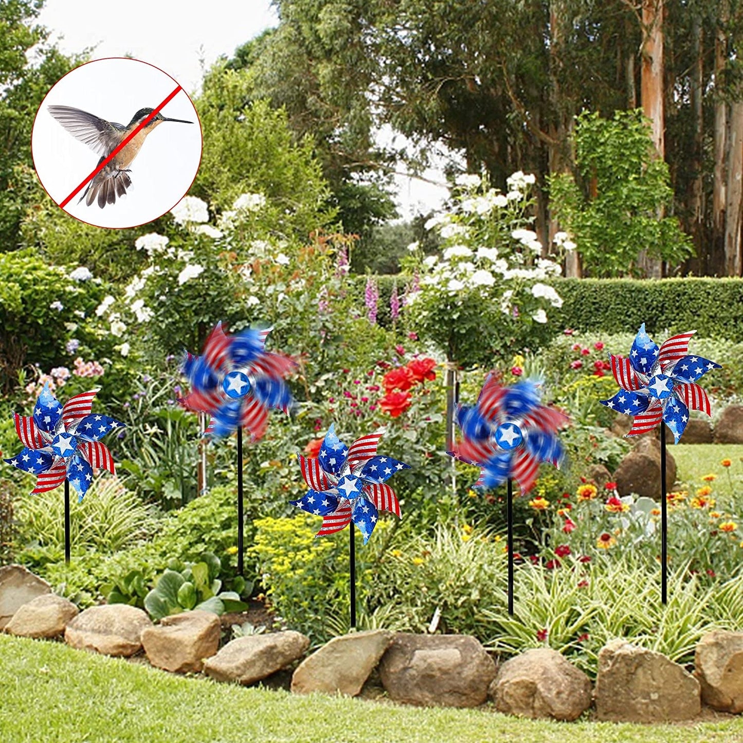 Rynx | 10 Pack Reflective Windmills Patriotic Decorations, American Flag on Stick Wind Spinner with Support for Independence Day, Memorial Day July 4th Party Supplies, Scare Birds Repellent Devices