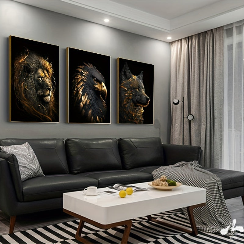Rynx | 3 pcs Unframed Canvas Poster - Modern Art, Abstract Paintings of The Golden Lion and Eagle, Ideal Gift for Bedroom, Living Room, Hallway, Wall Decoration, Winter Decoration, Room Decor
