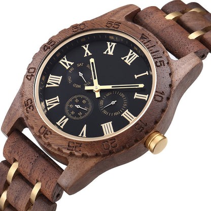 Rynx | Retro Walnut Gold Multifunctional Men's Quartz Watch