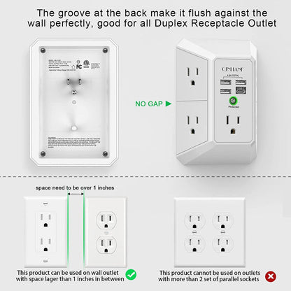 Rynx | Wall Charger Surge Protector, 5-outlet extension with 4 USB ports (4.8A), 1680J power outlet