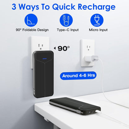 Rynx | 10000mAh Power Bank Portable Charger with US Plug 2 Built-in Cables External Battery Pack