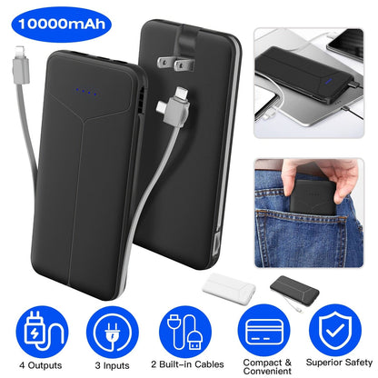 Rynx | 10000mAh Power Bank Portable Charger with US Plug 2 Built-in Cables External Battery Pack