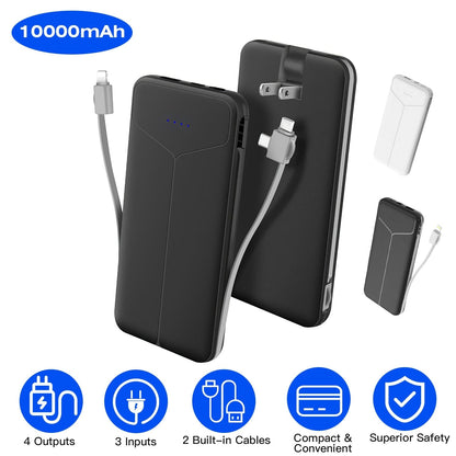 Rynx | 10000mAh Power Bank Portable Charger with US Plug 2 Built-in Cables External Battery Pack