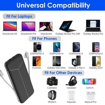 Rynx | 10000mAh Power Bank Portable Charger with US Plug 2 Built-in Cables External Battery Pack