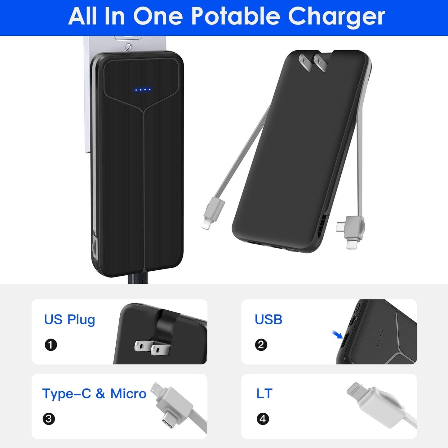 Rynx | 10000mAh Power Bank Portable Charger with US Plug 2 Built-in Cables External Battery Pack