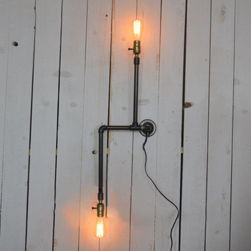 Rynx | Black Finish Piped Wall Lamp Fixture with Open Bulb Farmhouse Wrought Iron 2 Lights Indoor Wall Lamp