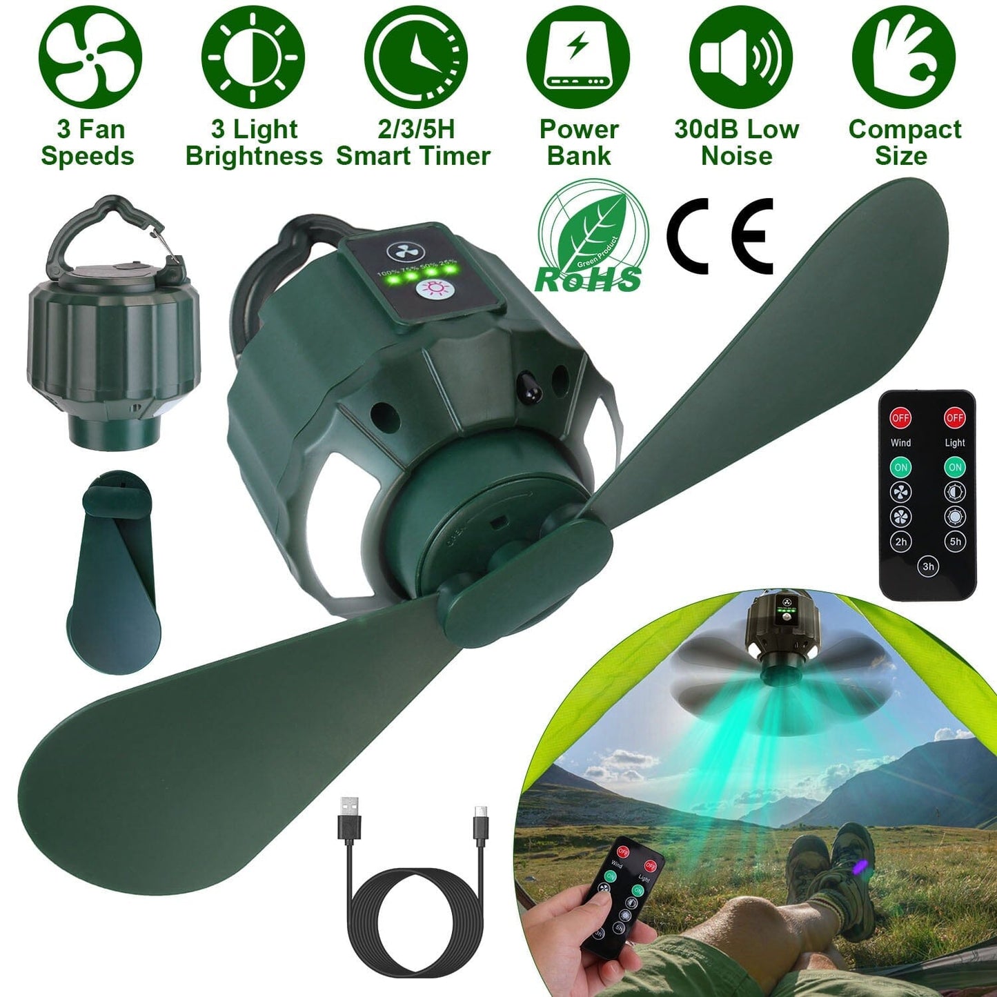 Rynx | 10400mAh USB Battery Powered Hanging Tent Lantern Fan Power Bank