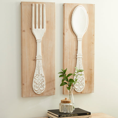 Rynx | Embossed Wood Fork and Spoon Wall Decor, Set of 2