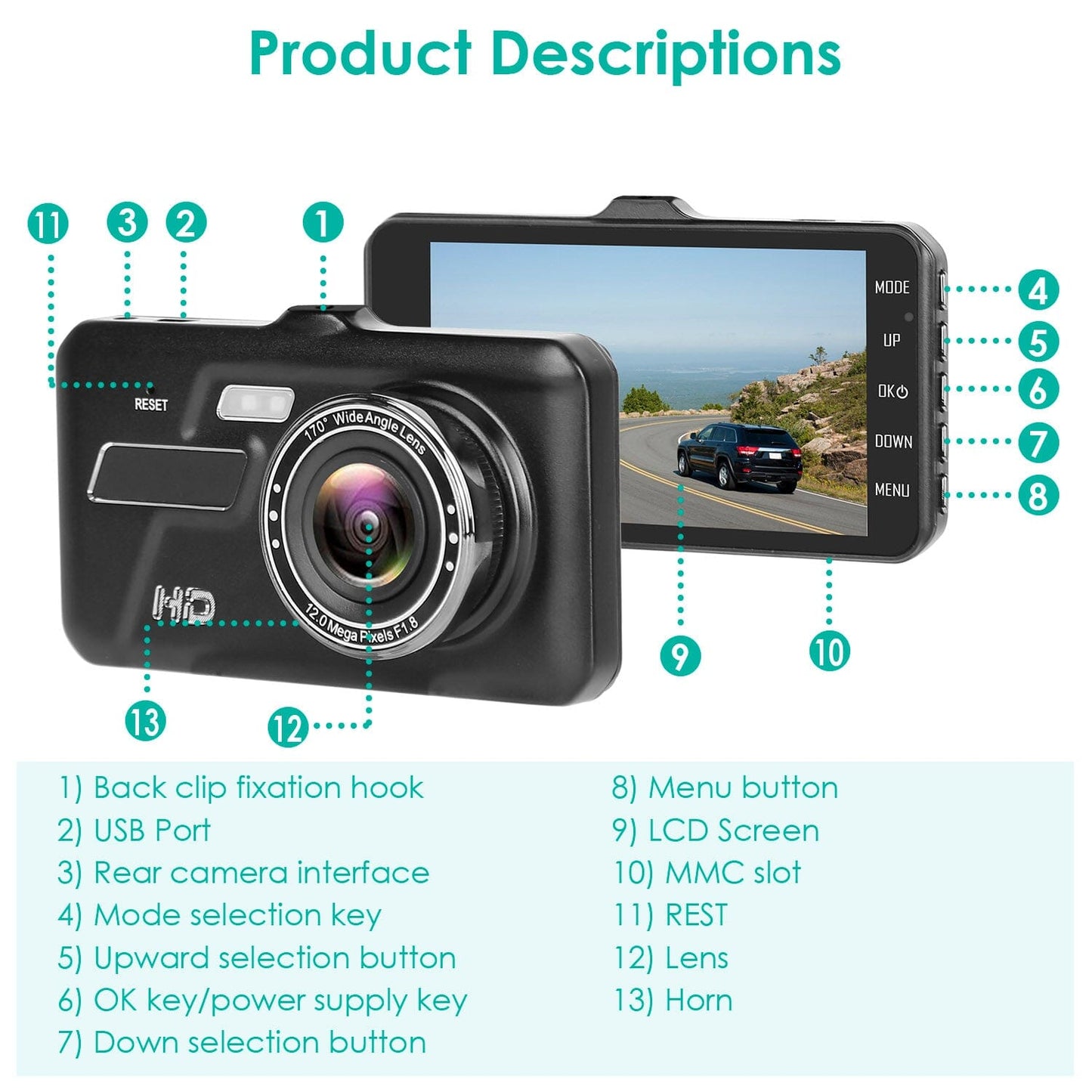 Rynx | 1080P 4-inch touchscreen dual dash cam