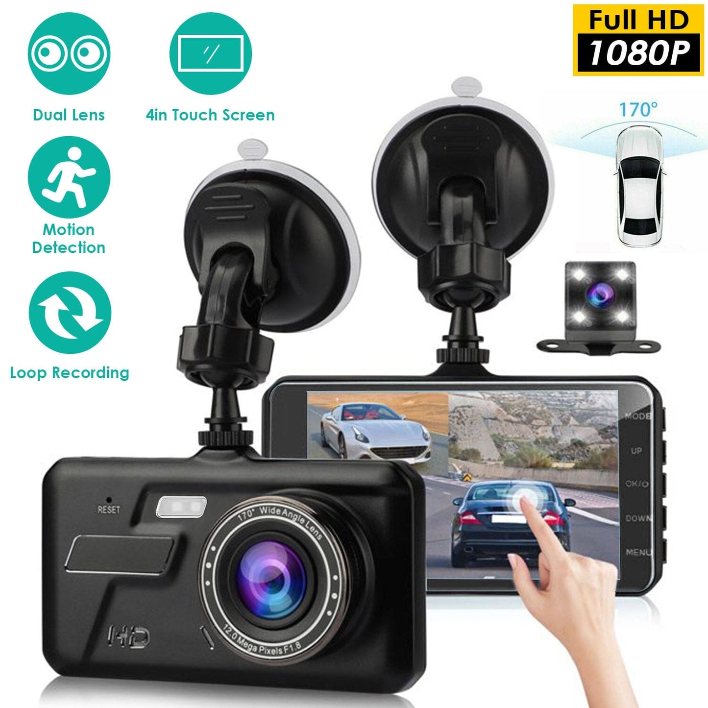 Rynx | 1080P 4-inch touchscreen dual dash cam