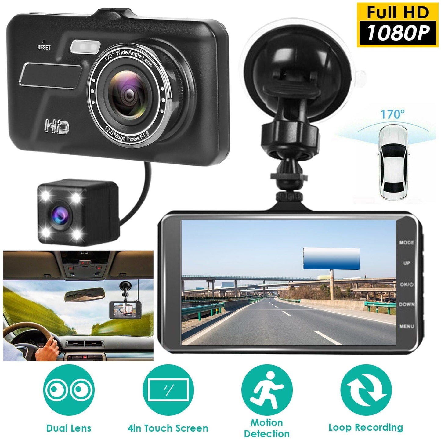 Rynx | 1080P 4-inch touchscreen dual dash cam