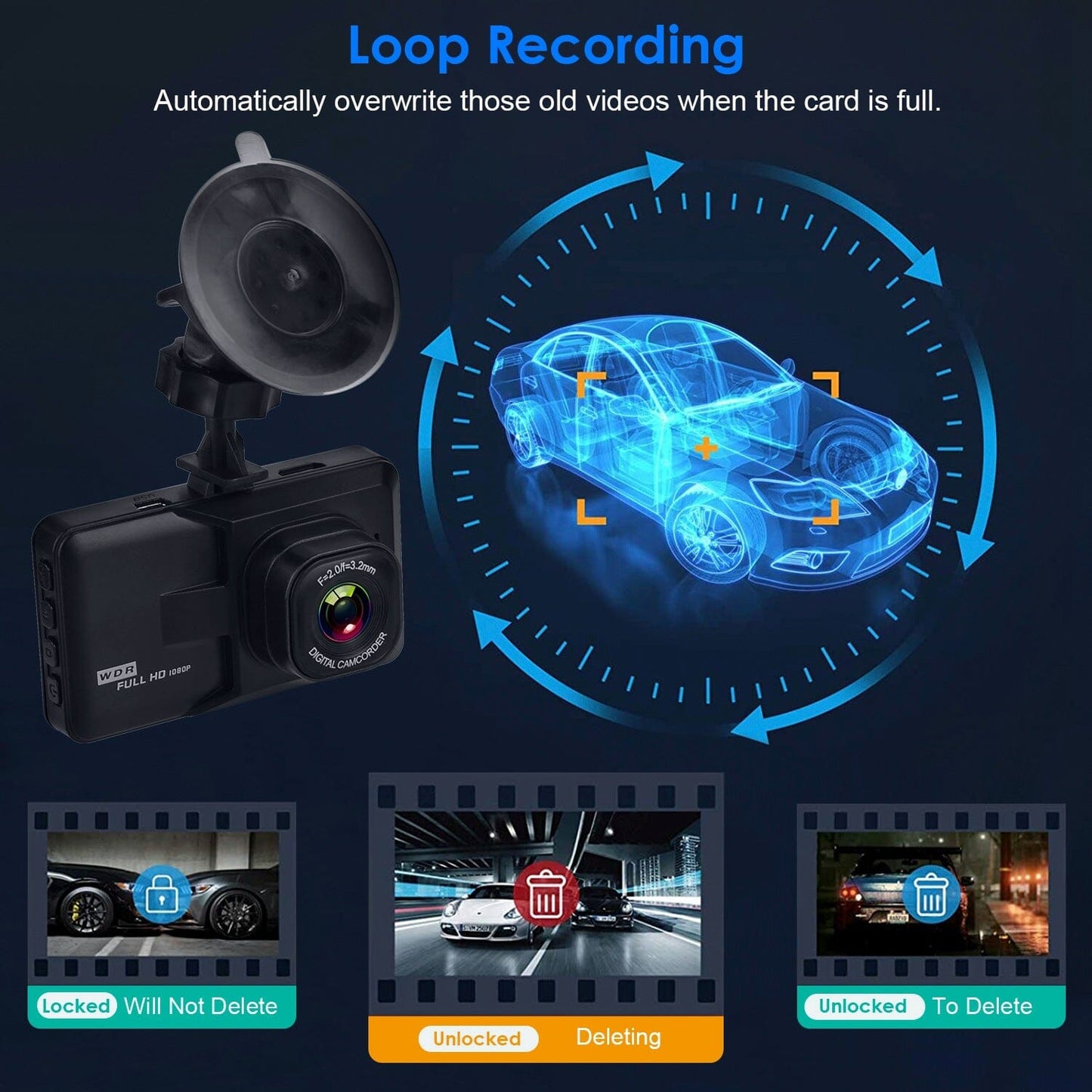 Rynx | 1080P Car DVR 3" Camera Dash Cam with 100° Angle Loop Recording Motion Detection
