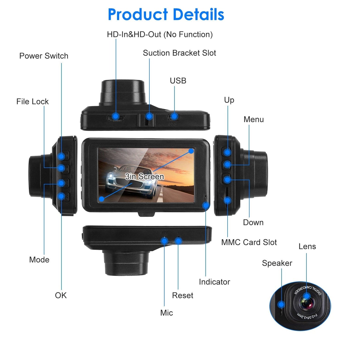 Rynx | 1080P Car DVR 3" Camera Dash Cam with 100° Angle Loop Recording Motion Detection