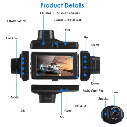 Rynx | 1080P Car DVR 3" Camera Dash Cam with 100° Angle Loop Recording Motion Detection