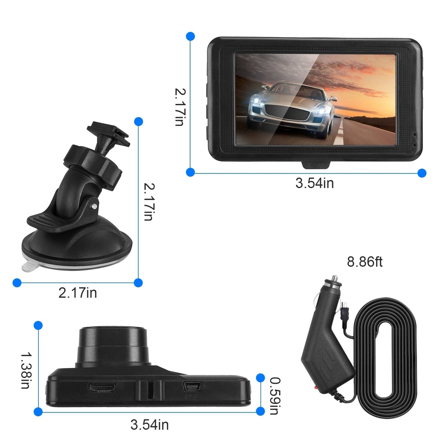 Rynx | 1080P Car DVR 3" Camera Dash Cam with 100° Angle Loop Recording Motion Detection