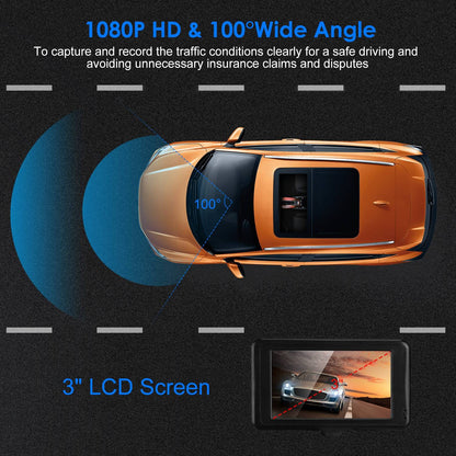Rynx | 1080P Car DVR 3" Camera Dash Cam with 100° Angle Loop Recording Motion Detection