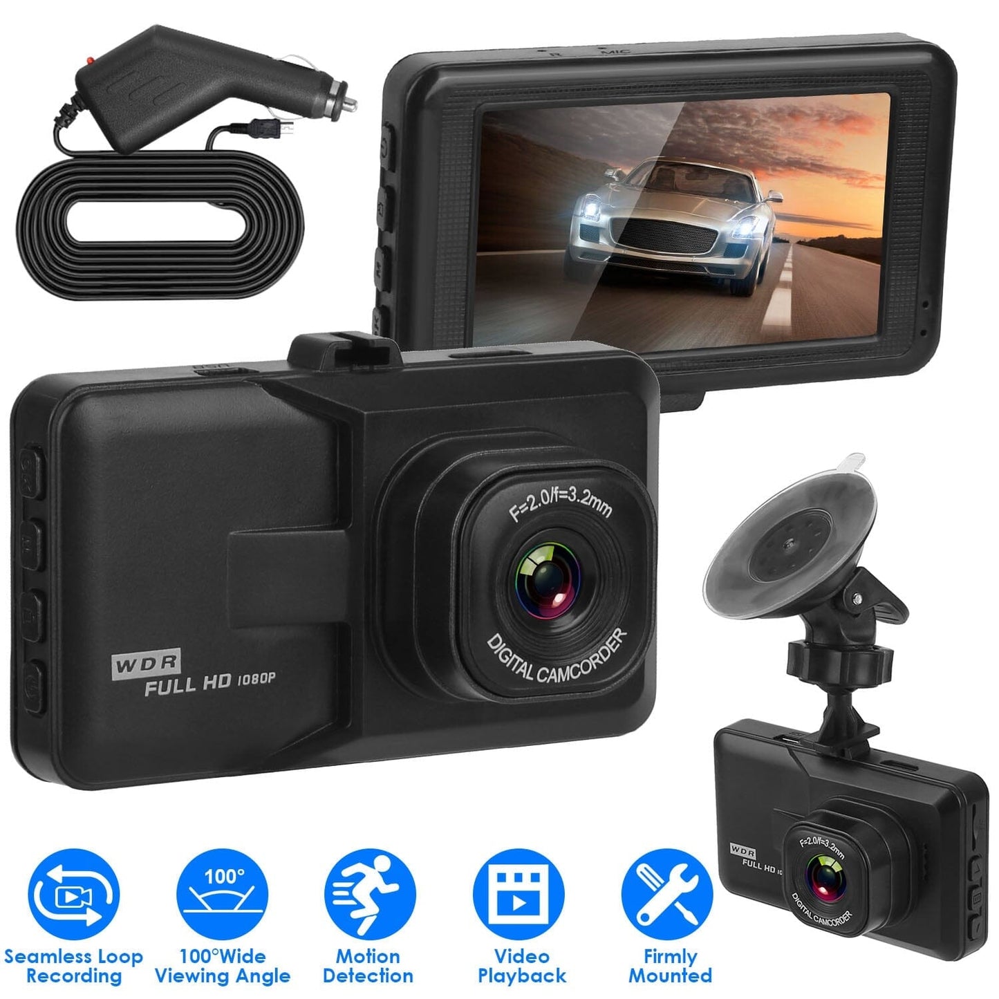 Rynx | 1080P Car DVR 3" Camera Dash Cam with 100° Angle Loop Recording Motion Detection