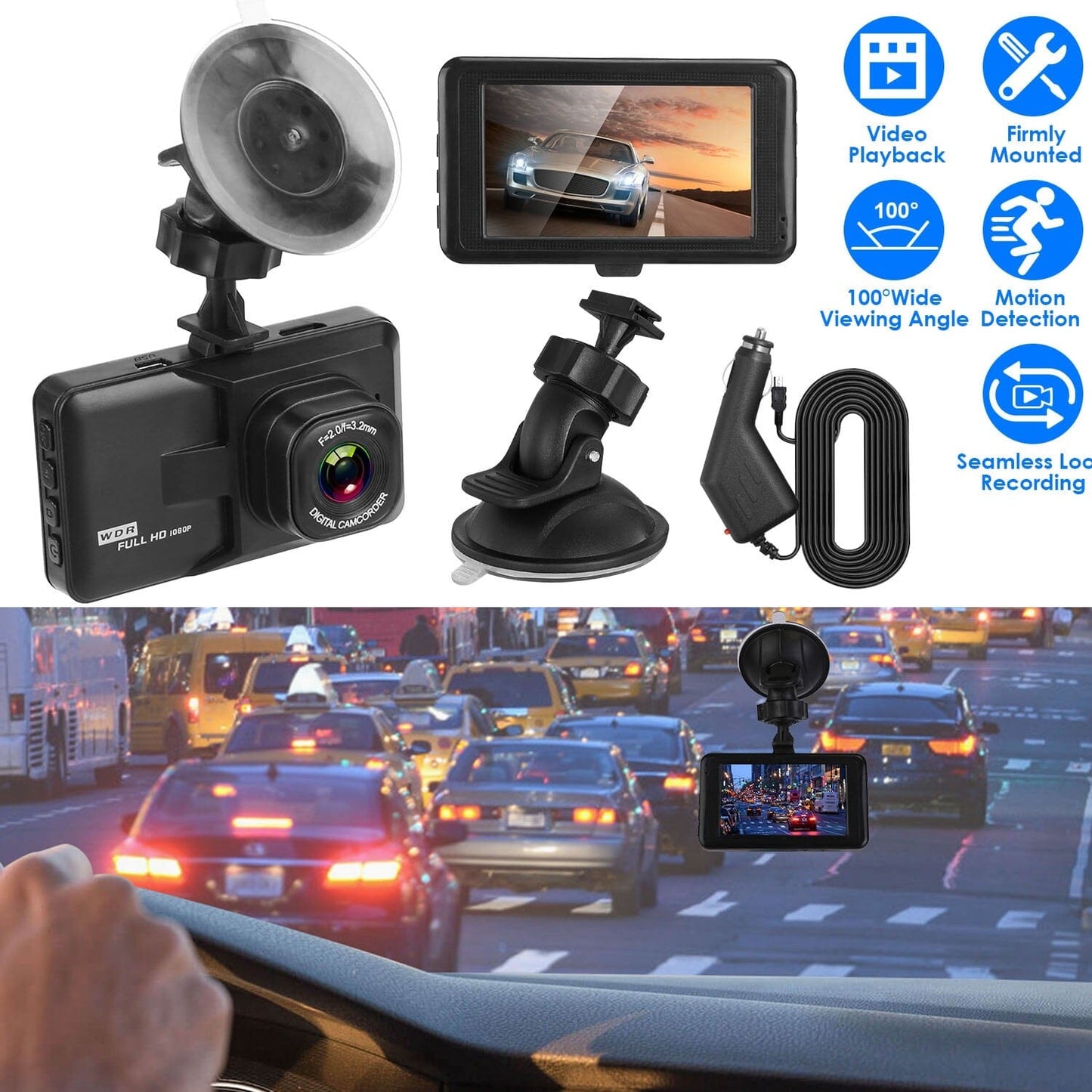Rynx | 1080P Car DVR 3" Camera Dash Cam with 100° Angle Loop Recording Motion Detection
