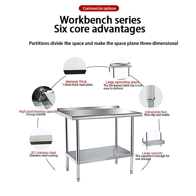 Rynx | Stainless Steel Preparation Counter, Double Kitchen Countertop, Catering Equipment, Round Foot Adjustment Worktop