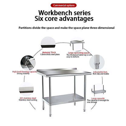 Rynx | Stainless Steel Preparation Counter, Double Kitchen Countertop, Catering Equipment, Round Foot Adjustment Worktop
