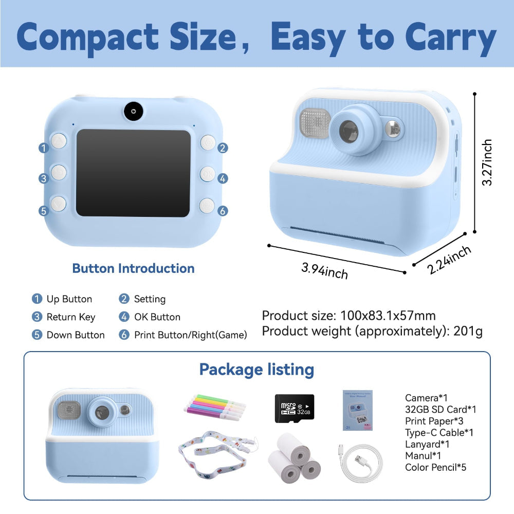 Rynx | Kids Instant Print Camera, 1080P Rechargeable HD Kids Digital Camera with 32G SD Card