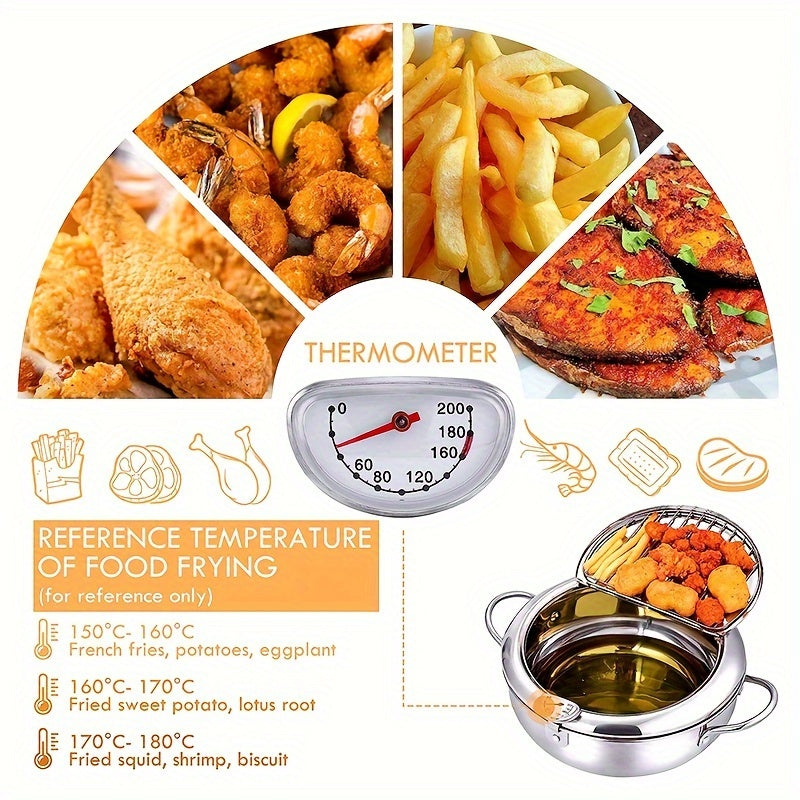 Rynx | 304 Stainless Steel Tempura Fryer Pot – 2.2L, Non-Stick, with Thermometer & Lid for Chicken & Tempura