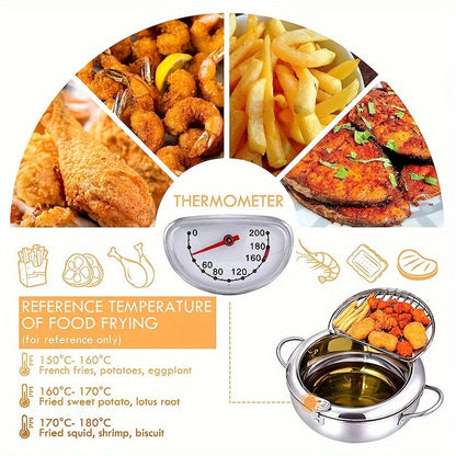 Rynx | 304 Stainless Steel Tempura Fryer Pot – 2.2L, Non-Stick, with Thermometer & Lid for Chicken & Tempura
