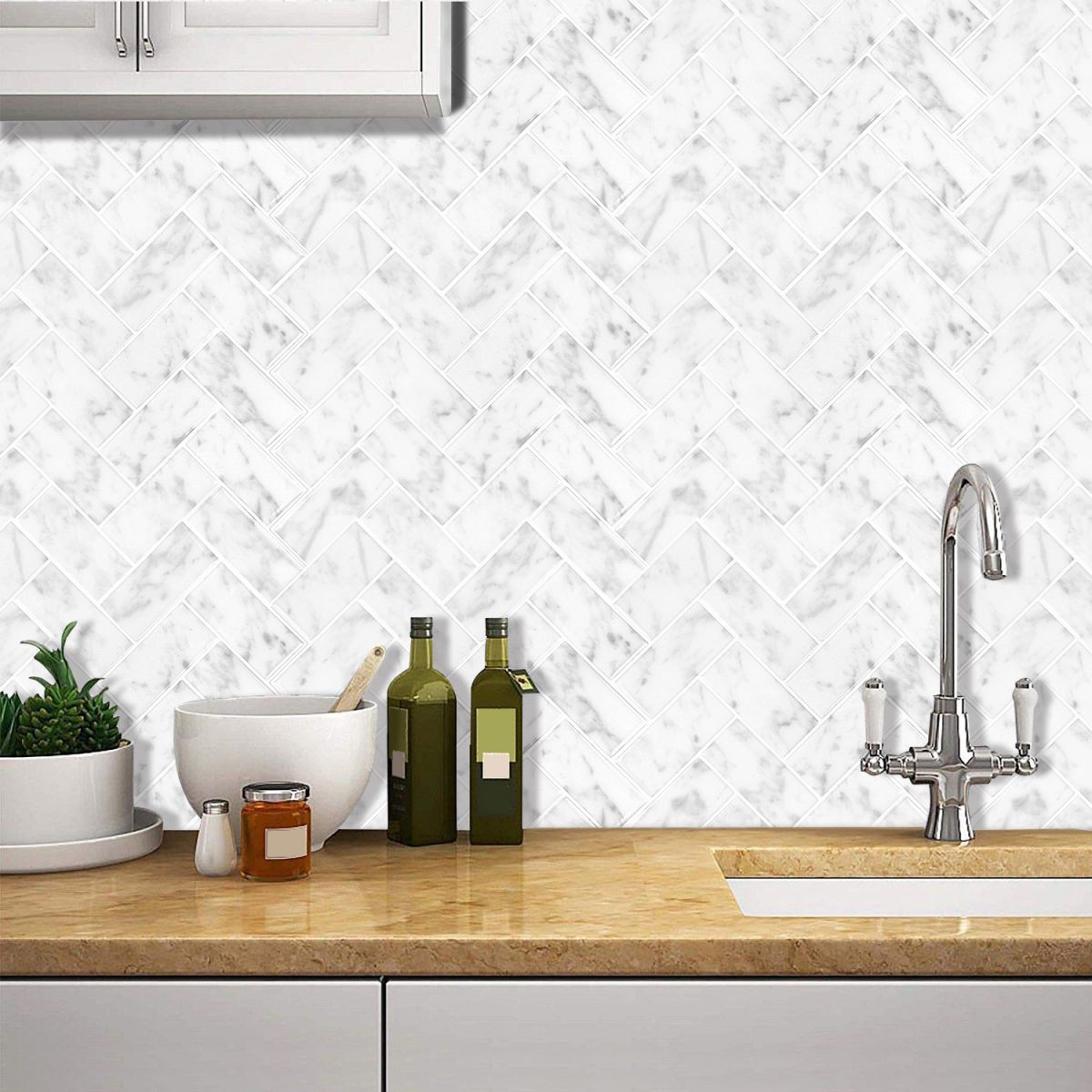 Rynx | Modern Peel & Stick Mosaic Tile PVC Herringbone Peel and Stick Wall Tile