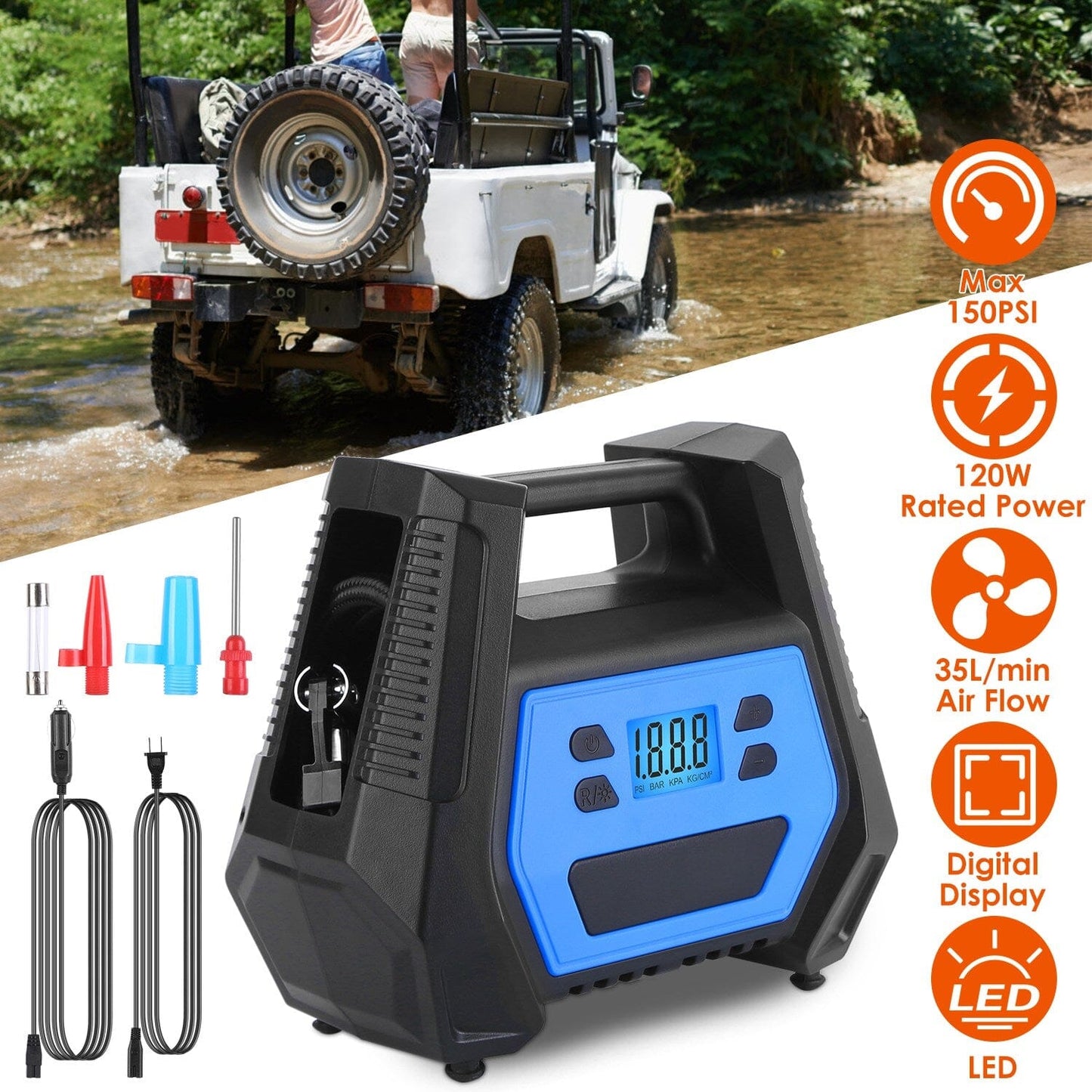 Rynx | 120W Max Power Portable Tire Pump with Digital Display LED Light