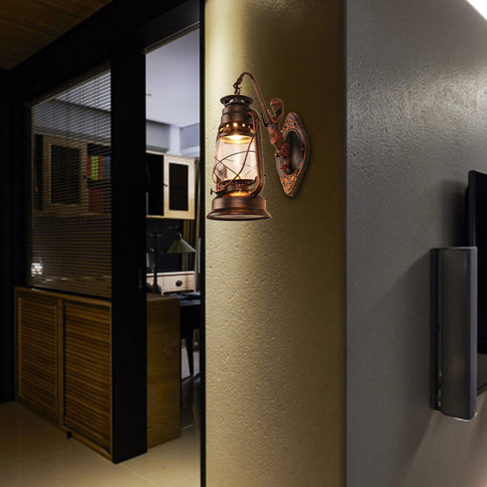 Rynx | One Bulb Wall Lamp with Lantern Shade Clear Glass Coast Bedroom Wall Lamp in Black/Antique Brass/Aged Copper with Mermaid