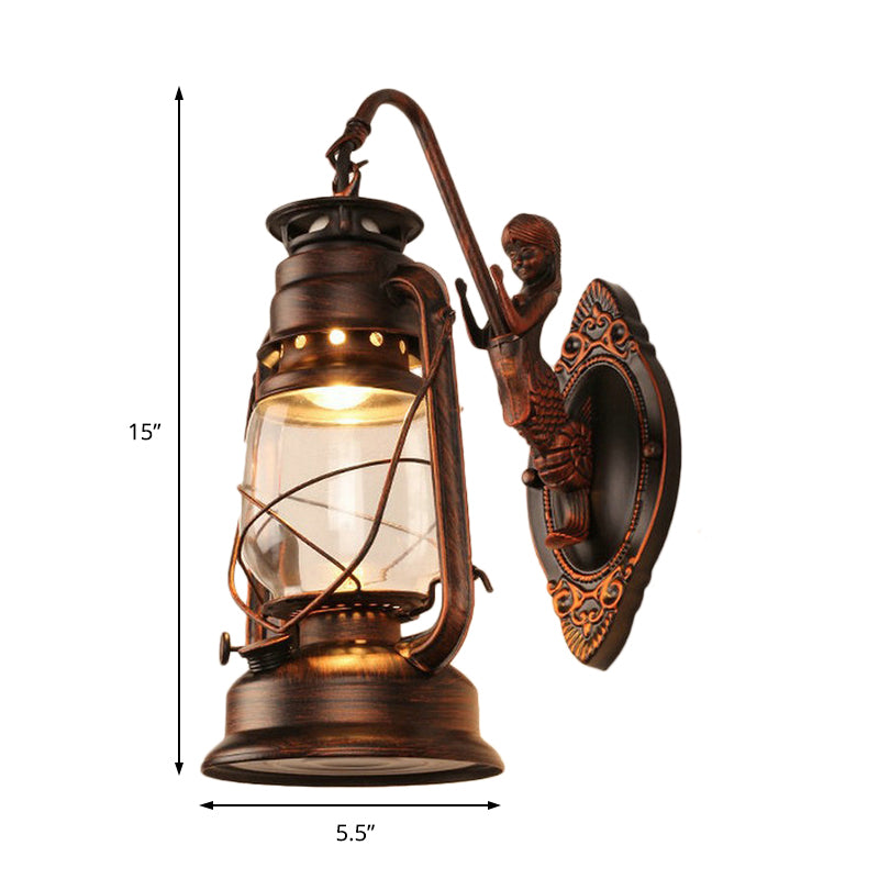 Rynx | One Bulb Wall Lamp with Lantern Shade Clear Glass Coast Bedroom Wall Lamp in Black/Antique Brass/Aged Copper with Mermaid