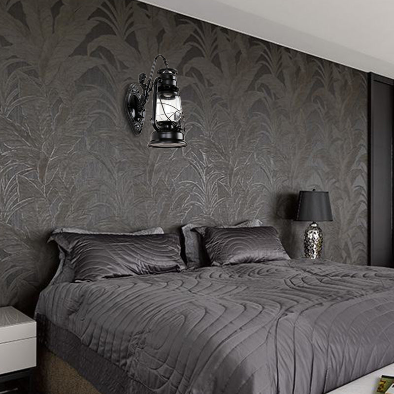 Rynx | One Bulb Wall Lamp with Lantern Shade Clear Glass Coast Bedroom Wall Lamp in Black/Antique Brass/Aged Copper with Mermaid