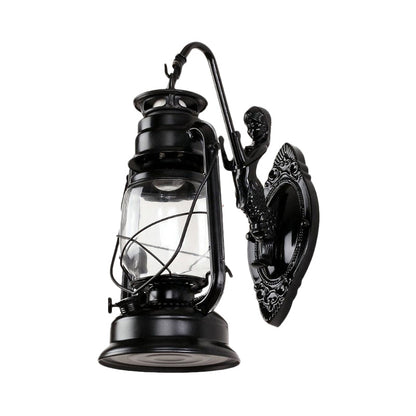 Rynx | One Bulb Wall Lamp with Lantern Shade Clear Glass Coast Bedroom Wall Lamp in Black/Antique Brass/Aged Copper with Mermaid