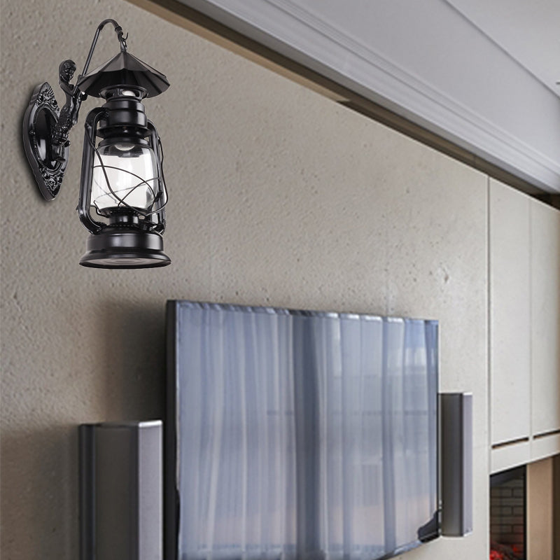 Rynx | Kerosene Clear Glass Wall Lamp Coast Single Bulb Living Room Sconces Lamp in Black/Antique Brass