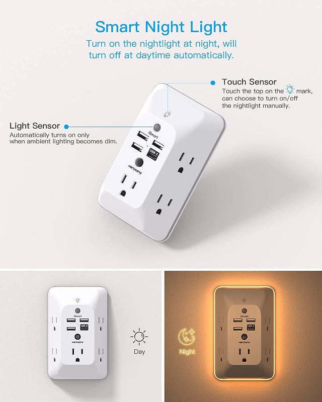 Rynx | Outlet Extender with Night Light, Multi Plug Outlet, USB Wall Charger Surge Protector