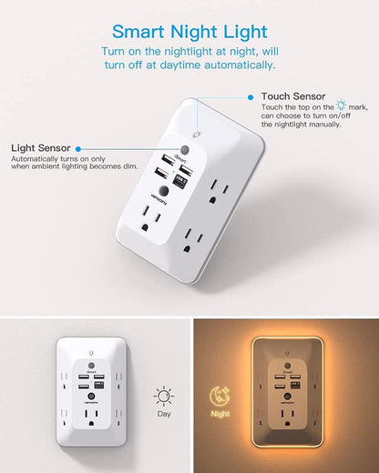 Rynx | Outlet Extender with Night Light, Multi Plug Outlet, USB Wall Charger Surge Protector