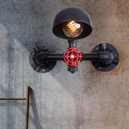Rynx | Steampunk Dome Wall Lamp Fixture with Valve Wheel 1 Head Metallic Wall Light in Black for Living Room