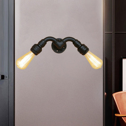 Rynx | Vintage Style Bare Bulb Wall Lamp with Pipe Design 2 Heads Metal Wall Lamp in Black for Indoor