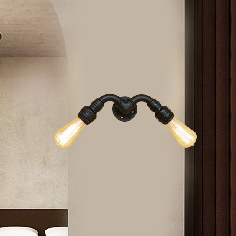 Rynx | Vintage Style Bare Bulb Wall Lamp with Pipe Design 2 Heads Metal Wall Lamp in Black for Indoor