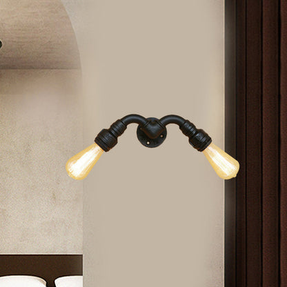 Rynx | Vintage Style Bare Bulb Wall Lamp with Pipe Design 2 Heads Metal Wall Lamp in Black for Indoor