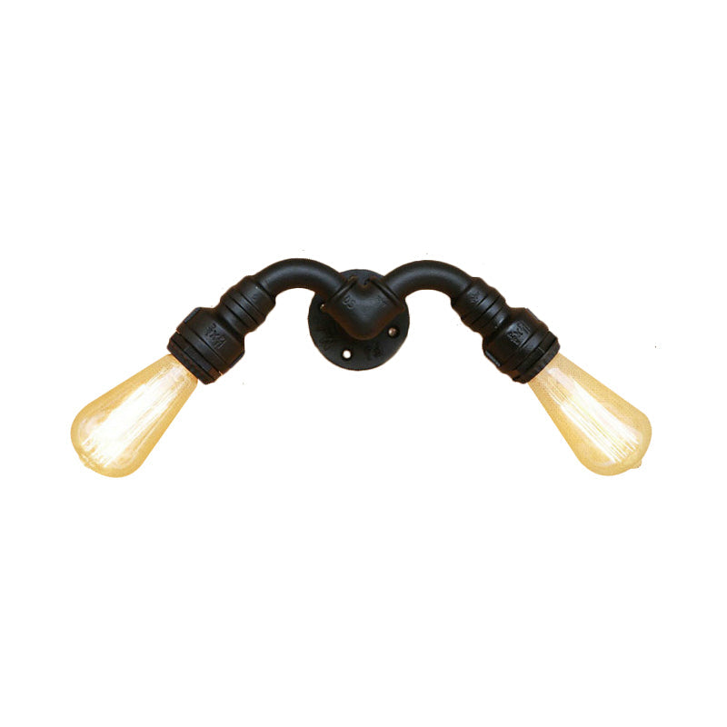 Rynx | Vintage Style Bare Bulb Wall Lamp with Pipe Design 2 Heads Metal Wall Lamp in Black for Indoor