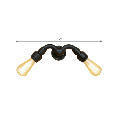 Rynx | Vintage Style Bare Bulb Wall Lamp with Pipe Design 2 Heads Metal Wall Lamp in Black for Indoor
