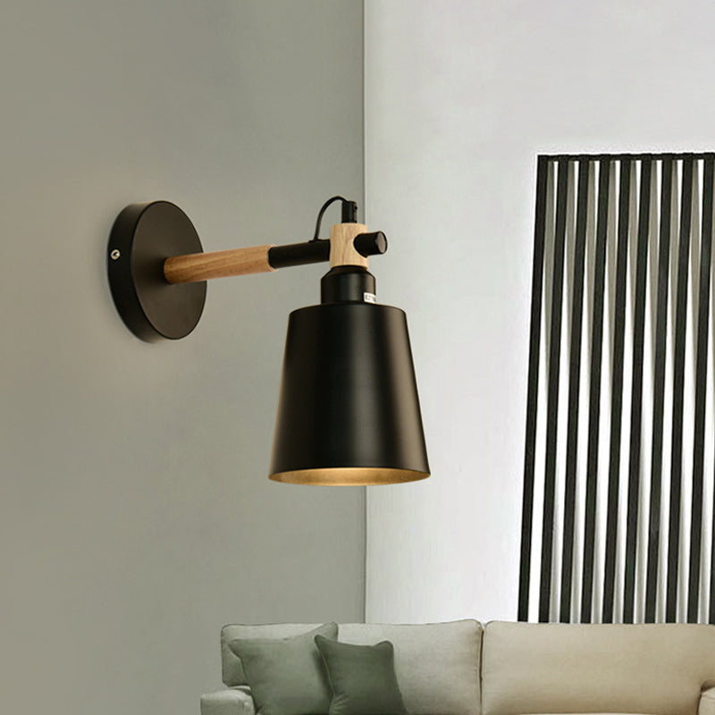 Rynx | 1 Light cylindrical wall lamp fixture in modernist style Black metal wall lamp with wood connection for the bedroom