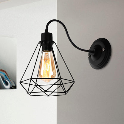 Rynx | Black 1 Light Wall Lamp Retro Style Metal Diamond/Star Wall Light with Cage Shade for Café