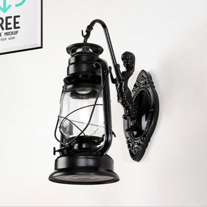 Rynx | One Bulb Wall Lamp with Lantern Shade Clear Glass Coast Bedroom Wall Lamp in Black/Antique Brass/Aged Copper with Mermaid