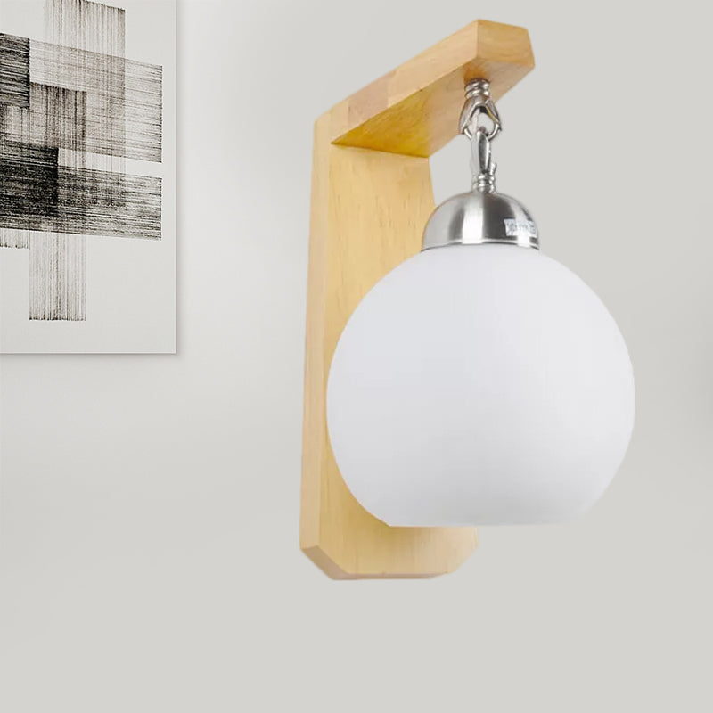 Rynx | Opal Glass Globe Shade Wall Lamp Industrial 1 Light Bedroom Lighting Fixture with Wooden Back Plate